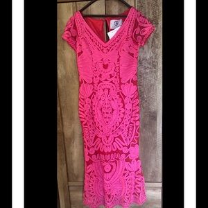 New JS Collections Semi Formal Fuchsia and Red Ribbon Overlay Midi Dress Size 12